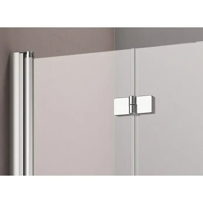 GEO Hit Nischendusche B-N400 - 90 x 202,2 cm, Unbeschichtet, Silber, 6 mm, DIN Anschlag: Rechts - Detailaufnahme einer modernen Duschkabine mit klaren Glaswänden und eleganten Chrombeschlägen, die ein minimalistisches Design betont.