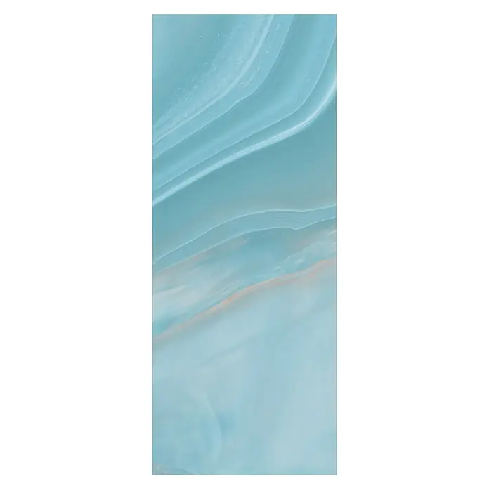 SanDesign Duschrückwandmuster - 17,5 cm x 7 cm x 3 mm, Ice Blue - Hellblaues abstraktes Muster mit fließenden weißen und schwach orangefarbenen Linien.