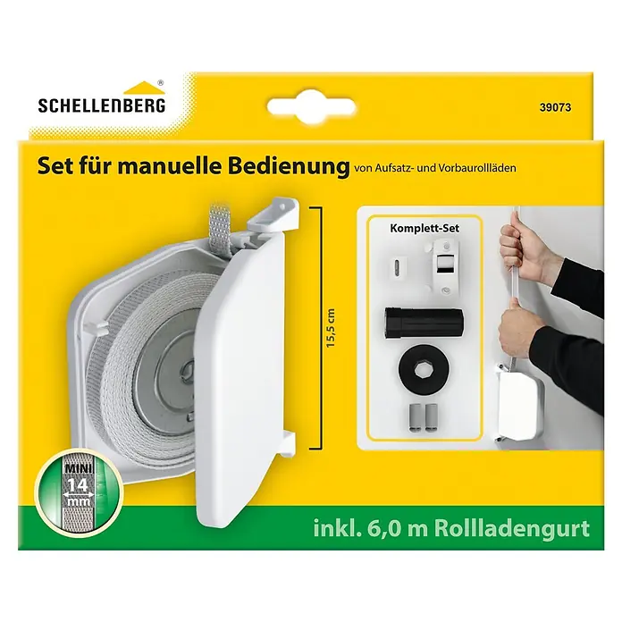 Schellenberg Zubehör-Set für manuelle Bedienung - Passend für: Schellenberg Vorbau- & Aufsatzrollläden MINI - Schellenberg Set für manuelle Rollladenbedienung mit weißem Gurtwickler, 6m langem 14mm breitem Gurt und Montagezubehör.