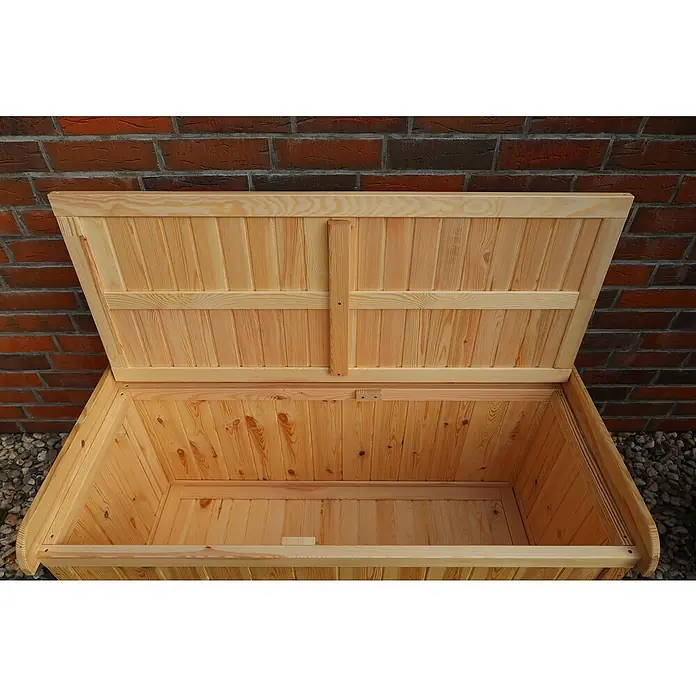 Promadino Gartenbox - L x B x H: 51 x 120 x 56 cm, Holz - Geöffnete Holzkiste mit hellen Holzpaneelen und einem stabilen Deckel, ideal für die Aufbewahrung im Innen- und Außenbereich.
