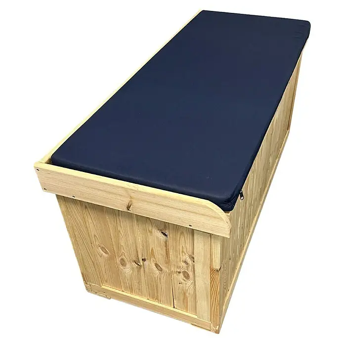 Promadino Gartenbox - L x B x H: 51 x 120 x 56 cm, Holz - Helle Holzbank mit einer marineblauen gepolsterten Sitzfläche für zusätzlichen Komfort und Stil, die sich ideal für jeden Raum eignet.