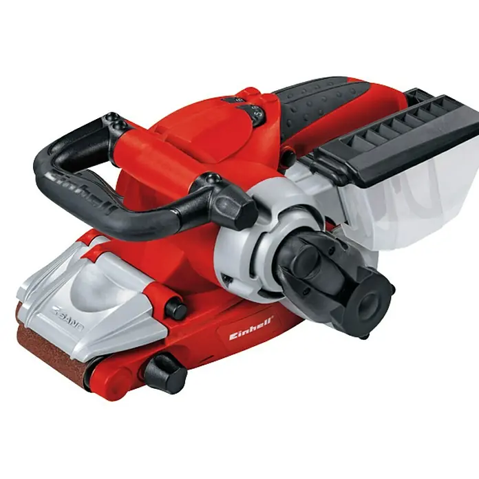 Einhell Expert Lijadora de banda eléctrica TE-BS 8540 E - 850 W - Se muestra una lijadora de banda roja Einhell con extracción de polvo y mango ergonómico para un lijado cómodo.