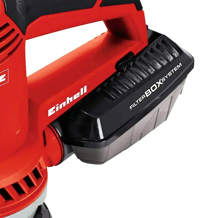 Einhell Expert Lijadora excéntrica eléctrica TE-RS 40 E - 400 W, Diámetro disco de lija: 125 mm - Primer plano de un soplador aspirador Einhell con su sistema de caja de filtro, diseñado para una recogida eficiente y un vaciado fácil.
