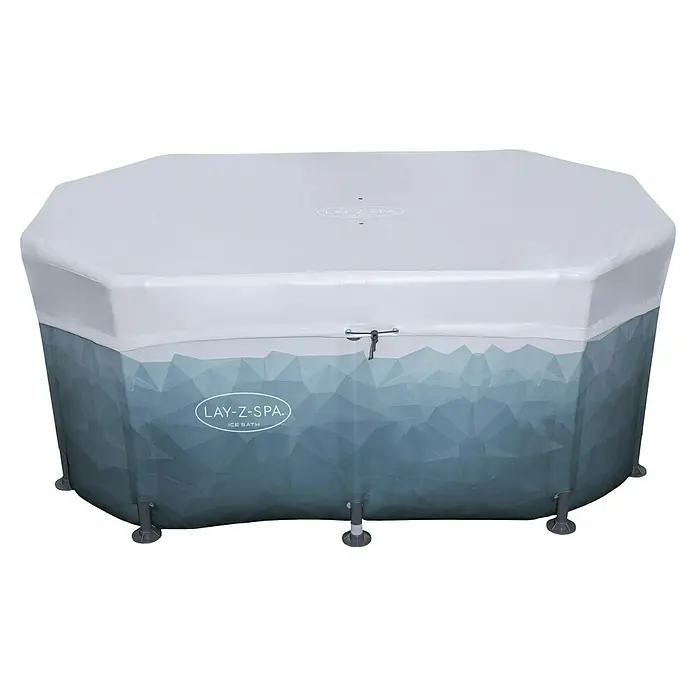 Bestway Lay-Z-Spa Eisbad Glacial Dip - L x B x H: 90 x 150 x 65 cm - Nahaufnahme eines Lay-Z-Spa Ice Bath mit einer weißen Abdeckung und blauen Eiskristall-Design. Ideal für Entspannung!
