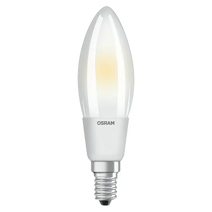 Osram Retrofit LED-Lampe Tropfenform E14 matt - E14, Nicht Dimmbar, Warmweiß, 806 lm, 6 W - Das Bild zeigt eine OSRAM LED-Lampe in Kerzenform, die sich ideal für stimmungsvolle Beleuchtung eignet. Die Lampe ist energiesparend und langlebig.