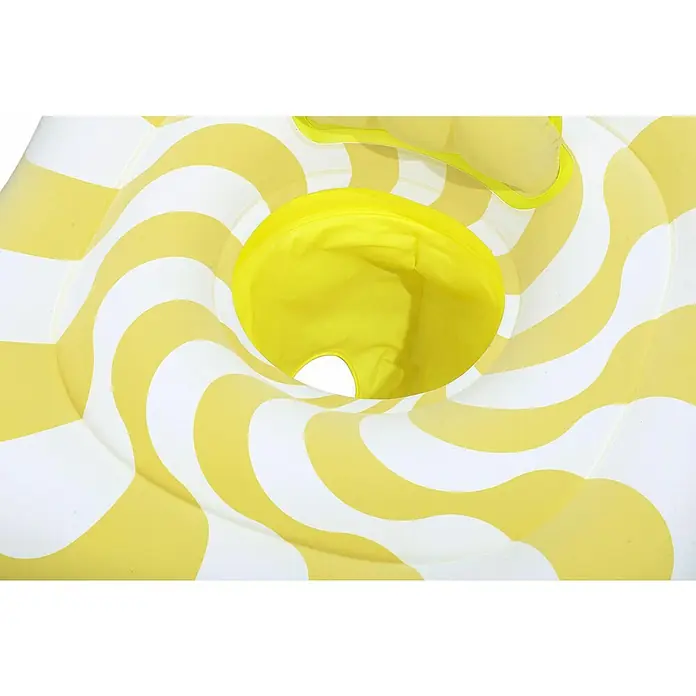 Bestway Schwimmsitz Samtoberfläche - Gelb, 4 Luftkammern - Nahaufnahme einer Baby-Schwimmhilfe mit gelben und weißen Streifen, die Sicherheit und Spaß im Wasser verspricht.