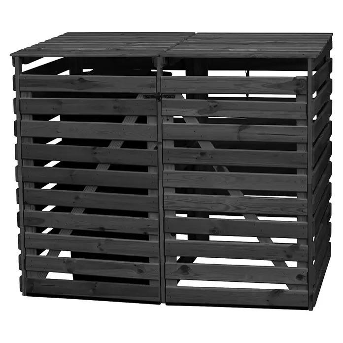 Promadino Mülltonnenbox Variov -  - Eine aus Holzlatten gefertigte Doppel-Mülltonnenbox mit Deckel bietet stilvolle und praktische Aufbewahrung im Außenbereich.