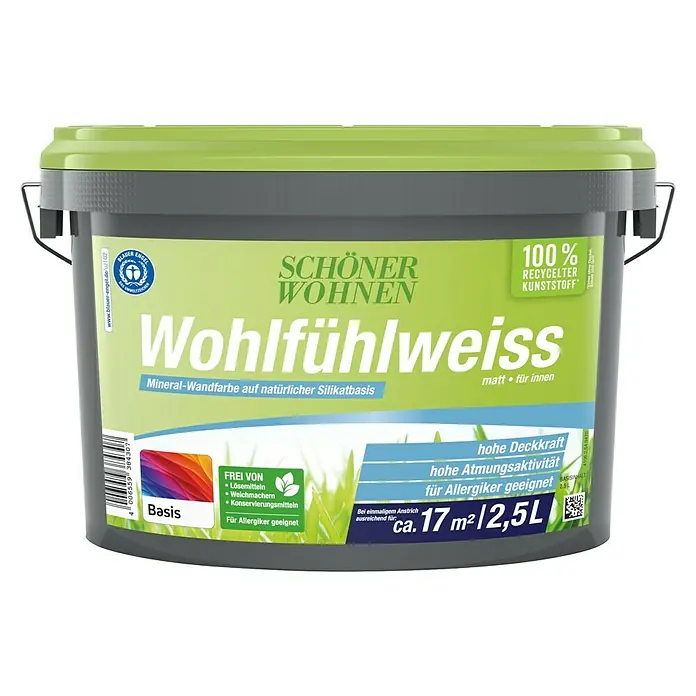 SCHÖNER WOHNEN-Farbe Mix Wandfarbe Wohlfühlweiß zum Mischen lassen - Basismischfarbe 1, Matt, 2,5 l, Lösemittelfrei - Ein Eimer Wohlfühlweiss Wandfarbe von Schöner Wohnen, eine matte Mineral-Wandfarbe auf natürlicher Silikatbasis, ideal für Allergiker.