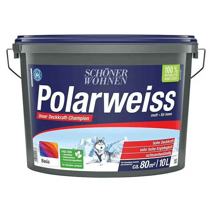 SCHÖNER WOHNEN-Farbe Mix Wandfarbe Polarweiß zum Mischen lassen - Basismischfarbe 4, Matt, 10 l, Konservierungsmittelfrei - Dose Polarweiss Innenfarbe von Schöner Wohnen, matt, mit hoher Deckkraft, sehr hohe Ergiebigkeit und scheuerbeständig. Frei von Lösemitteln.