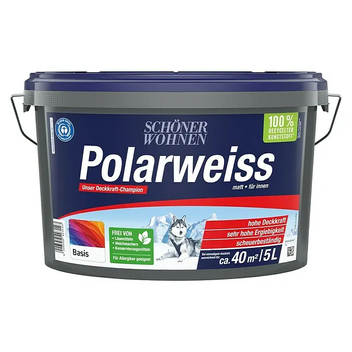 SCHÖNER WOHNEN-Farbe Mix Wandfarbe Polarweiß zum Mischen lassen - Basismischfarbe 2, Matt, 5 l, Konservierungsmittelfrei - Eimer Polarweiss Innenfarbe von Schöner Wohnen mit Hundemotiv, ideal für Allergiker, hergestellt aus 100% recyceltem Kunststoff.