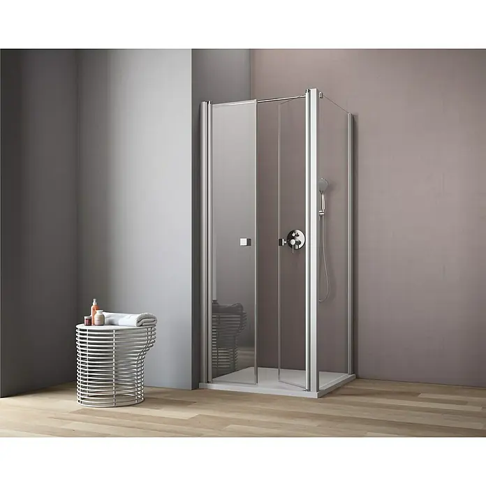 GEO Hit Eckdusche B-F110 - 100 x 100 x 202,2 cm, Beschichtet, Silber, Glasstärke: 6 mm, DIN Anschlag: Links - Ein Eckduschkabine mit klaren Glasscheiben und Chromrahmen steht im modernen Badezimmer. Eine stilvolle Ergänzung für jedes Badezimmer.
