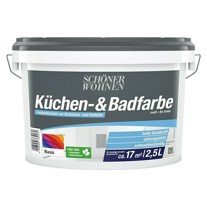 SCHÖNER WOHNEN-Farbe Mix Wandfarbe Küchen- & Badfarbe zum Mischen lassen - Basismischfarbe 4, Matt, 2,5 l, Lösemittelfrei - Abbildung eines 2,5-Liter-Eimers Küchen- und Badezimmerfarbe von SCHÖNER WOHNEN, ideal für dauerhaften Schutz vor Schimmel und Pilzbefall.