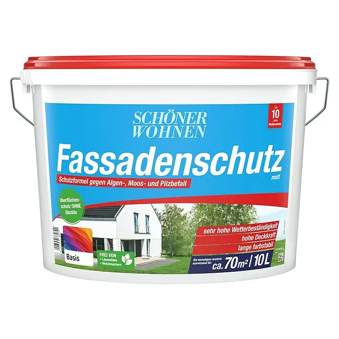 SCHÖNER WOHNEN-Farbe Mix Dispersionsfassadenfarbe Fassadenschutz zum Mischen lassen - Basismischfarbe 1, 10 l - Eimer Fassadenschutzfarbe von Schöner Wohnen. Die Fassadenfarbe schützt bis zu 10 Jahre vor Algen-, Moos- und Pilzbefall.