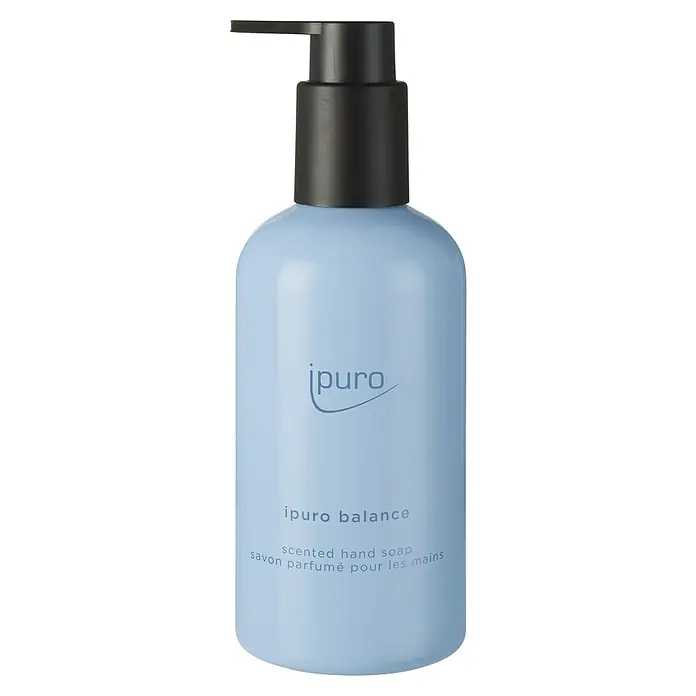 Ipuro Classic Flüssigseife - 250 ml, Balance - Hellblaue Pumpflasche ipuro balance Duftseife mit schwarzem Spender.
