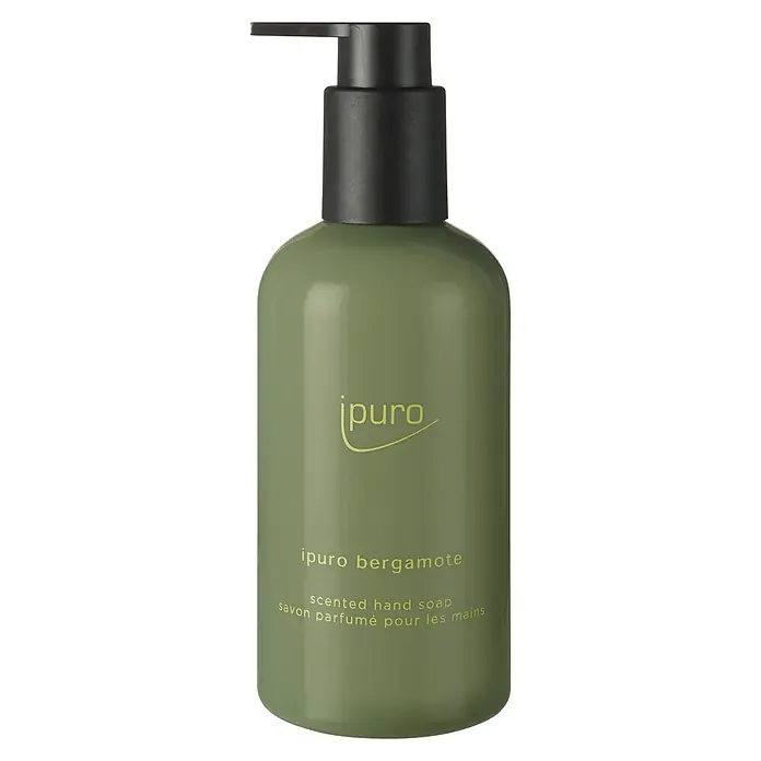 Ipuro Classic Flüssigseife - 250 ml, Bergamotte - Grüner Handseifenspender mit schwarzer Pumpe. Beschriftung: „ipuro bergamote scented hand soap“.
