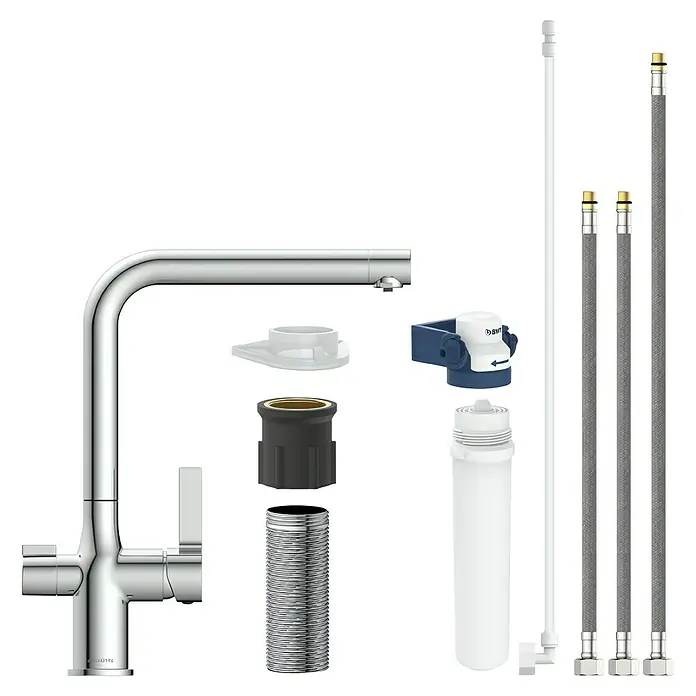 Camargue Spültischarmatur Blueperl - Chrom, Glänzend - Produktabbildung eines Küchenarmatur-Sets, das verschiedene Installationskomponenten und Zubehörteile umfasst.