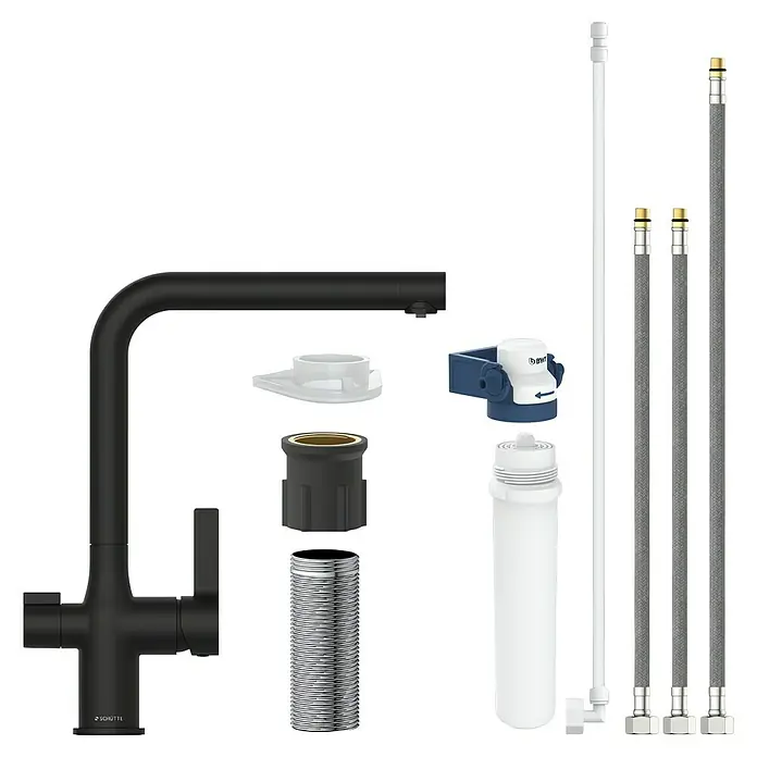 Camargue Spültischarmatur Blueperl - Schwarz, Matt - Produktansicht einer schwarzen Armatur mit Wasserfilter und Zubehör.