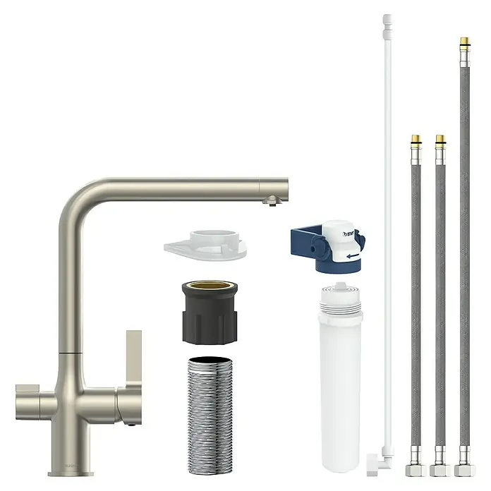 Camargue Spültischarmatur Blueperl - Edelstahl, Matt - Bild einer Küchenarmatur, die in ihre Einzelteile zerlegt ist. Das Produkt ist eine Küchenarmatur mit separaten Komponenten für Installation und Gebrauch.