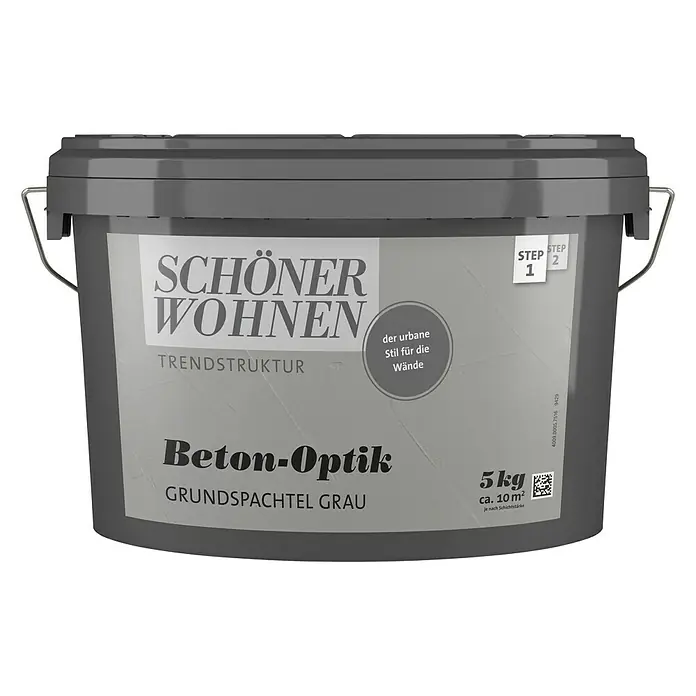 SCHÖNER WOHNEN-Farbe Trendstruktur Dekoputz-Set Beton-Optik - 5 -tlg., Grau - Dose mit Schöner Wohnen Beton-Optik Grundspachtel Grau, 5 kg für urbane Wandgestaltung mit Trendstruktur.