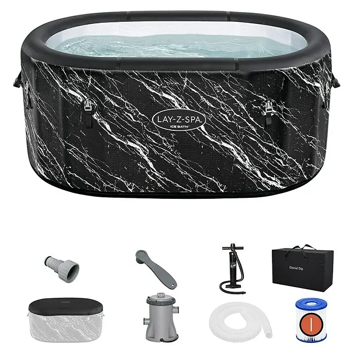 Bestway Lay-Z-Spa Eisbad Glacial Dip - L x B x H: 152 x 92 x 71 cm - Bild eines Lay-Z-Spa Ice Bath Whirlpools mit Zubehör, inklusive Pumpe, Filter und Abdeckung. Ideal für die Eisbad-Therapie zu Hause.