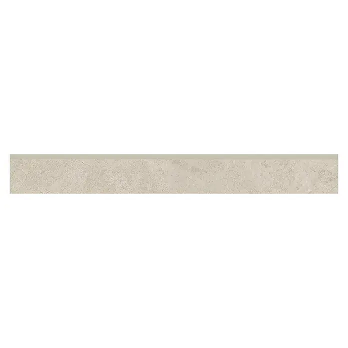 Zócalo cerámico Geo - 7,2 x 60,5 cm, Greige, Espesor: 9,5 mm, 18 pzs. - Primer plano de una baldosa de mármol beige con textura irregular, ideal para interiores elegantes y naturales.