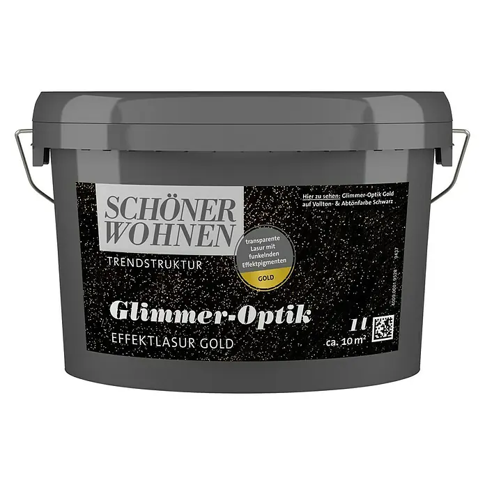 SCHÖNER WOHNEN-Farbe Trendstruktur Dekoputz-Set Glimmer-Optik - 2 -tlg., Gold - Ein grauer Eimer Schöner Wohnen Glimmer-Optik Effektlasur Gold für schimmernde Wände und Oberflächen.