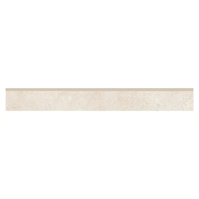 Zócalo cerámico Amira - 7,2 x 60,5 cm, Beige, Mate, 18 pzs. - Primer plano de una superficie clara y moteada, ideal para textura o fondo.