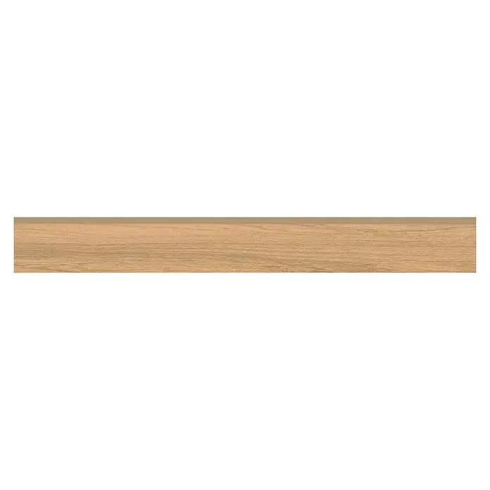 Zócalo cerámico Sherwood - 7,2 x 60 cm, Roble - Un primer plano de un panel de madera marrón claro con vetas sutiles, perfecto para muebles o suelos, que irradia calidez y belleza natural.