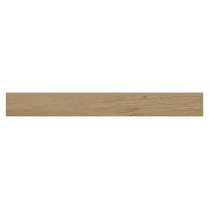 Zócalo cerámico Nook - 7,2 x 9,6 cm, Roble, Mate, 18 pzs. - Primer plano de una superficie de madera horizontal clara con patrones de vetas naturales y sutiles variaciones de color.