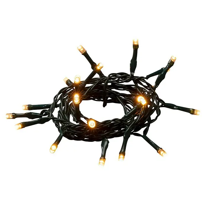 Konstsmide LED-Lichterkette - Innen, Lichtfarbe: Bernstein, Anzahl Leuchtmittel: 20 Stk. - Zusammengerollte schwarze Lichterkette mit warmweißen LEDs, leuchtend.