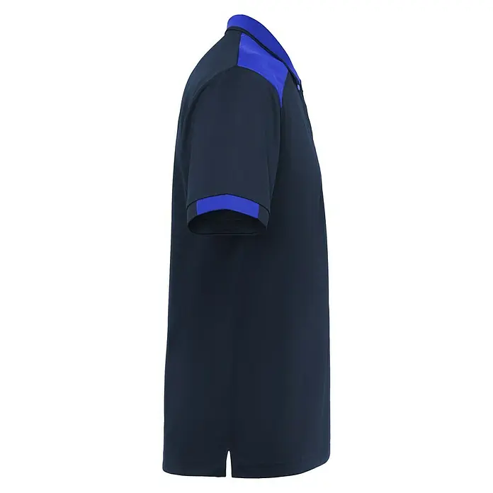 Polo Samurai - XL, Azul/Royal, 100% poliéster - Vista lateral de un polo azul oscuro con detalles azules en el cuello y las mangas. La camisa tiene un diseño sencillo y moderno.