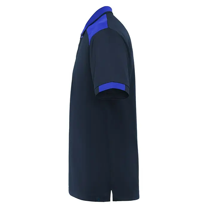 Polo Samurai - XL, Azul/Royal, 100% poliéster - Primer plano de un polo azul marino con detalles azules en cuello y mangas, vista lateral. Ideal para un look deportivo.