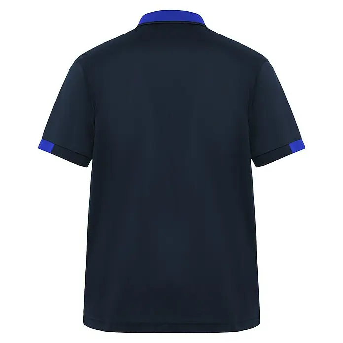 Polo Samurai - XL, Azul/Royal, 100% poliéster - Vista posterior de un polo azul marino con detalles azules en el cuello y las mangas.