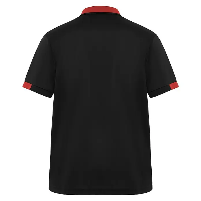 Polo Samurai - L, Negro/Rojo, 100% poliéster - Vista posterior de un polo negro con detalles rojos en el cuello y las mangas. La camisa tiene un diseño limpio y elegante.