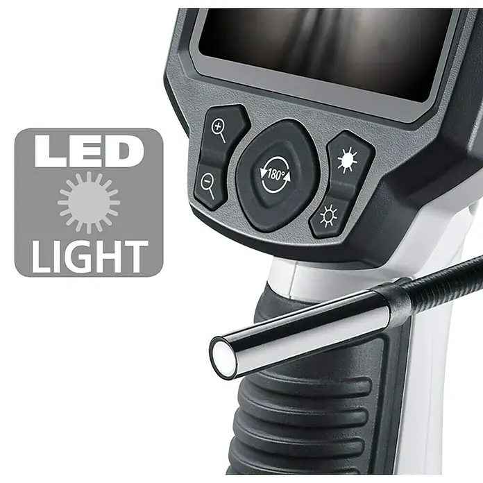Laserliner Endoskopkamera XL - Länge Schwanenhals: 350 cm - Weiß-schwarzes Endoskop mit silberner, flexibler Sonde mit LED-Licht an der Spitze und Steuertasten für Zoom und 180°-Drehung am Gehäuse.