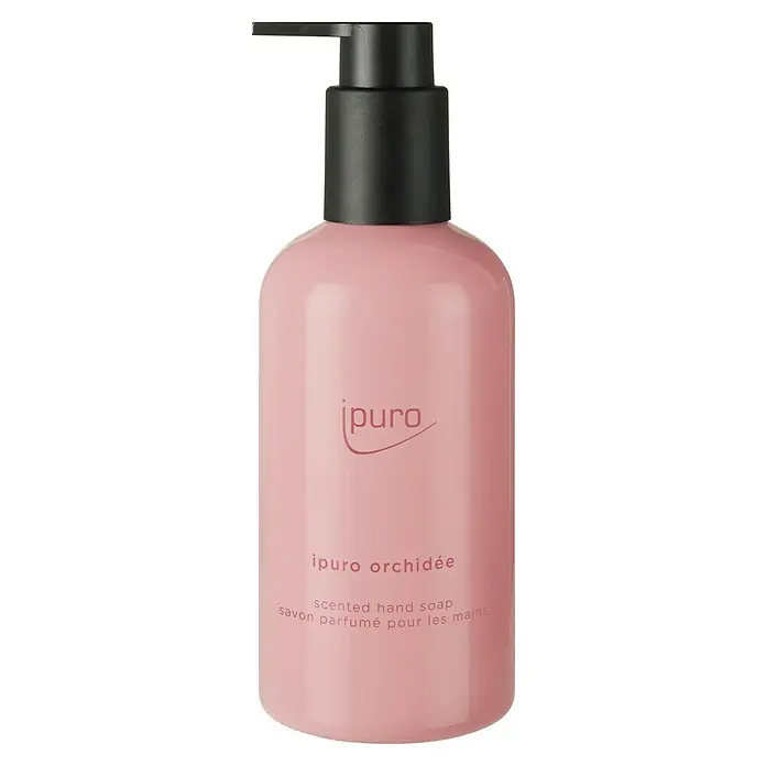 Ipuro Classic Flüssigseife - 250 ml, Orchidee - Rosafarbene ipuro orchidée Handseifenflasche mit schwarzem Pumpspender.