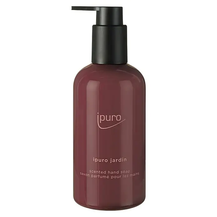Ipuro Classic Flüssigseife - 250 ml, Jardin - Dunkelrote Flüssigseifenflasche mit schwarzem Pumpspender. Mit 'ipuro jardin scented hand soap' Beschriftung.