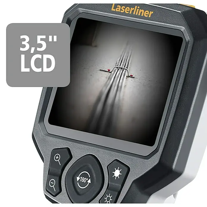Laserliner Endoskopkamera XL - Länge Schwanenhals: 350 cm - Laserliner Inspektionskamera mit 3,5" LCD-Display, das Kabel anzeigt, und ergonomischen Bedientasten.