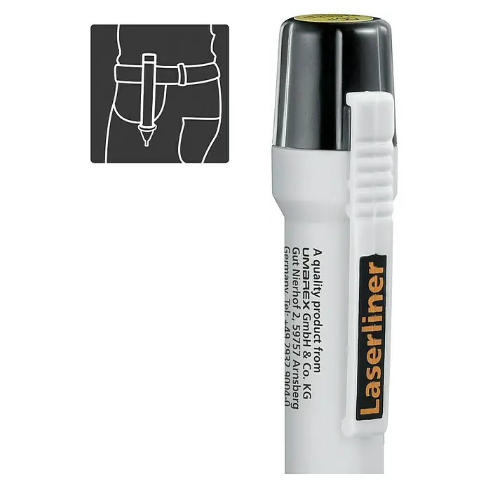 Laserliner Spannungsprüfer Activepen - Spannungsbereich 200 - 600 V/AC, Batteriebetrieben - Weißes Laserliner Markierwerkzeug mit schwarzer Kappe und weißem Gürtelclip, illustriert mit Gürtelbefestigung.