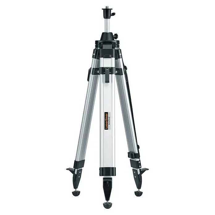 Laserliner Dreibeinständer Variostand L - Arbeitshöhe: 93 cm - 180 cm - Verstellbares Stativ in Silber und Schwarz mit Montageschraube für Instrumente, mit "Laserliner VarioStand" Branding.