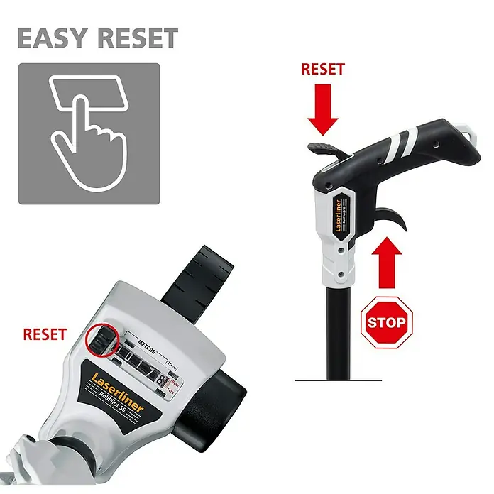 Laserliner Messrad Rollpilot S12 - Messbereich: 0 - 9999,9 m - Schwarz-weißes Laserliner Messrad mit Reset-Tasten und Stopp-Funktion.