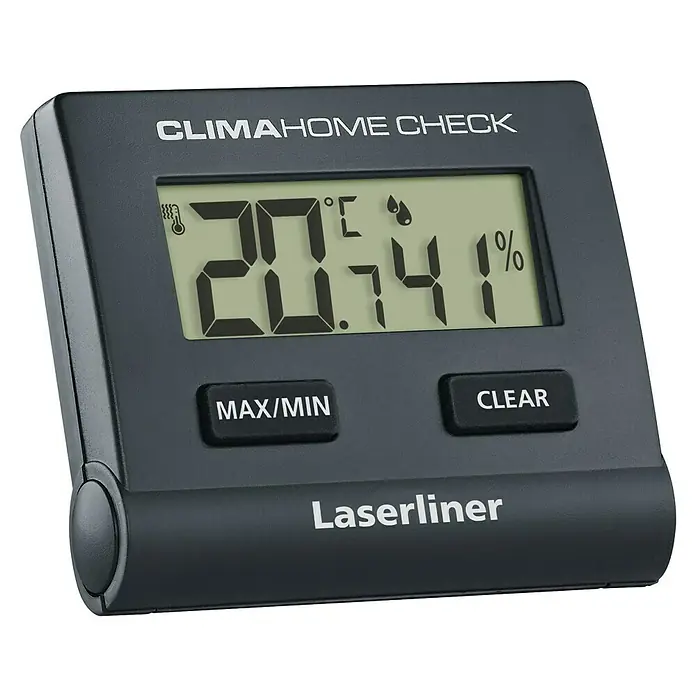 Laserliner Digitales Thermo-Hygrometer Climahome-Check - Batteriebetrieben - Dunkelgraues digitales Thermometer-Hygrometer zeigt 20,7°C und 41% Luftfeuchtigkeit an, mit MAX/MIN- und CLEAR-Tasten.