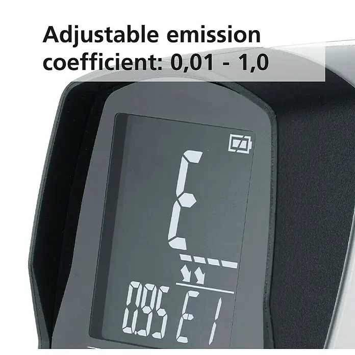 Laserliner Infrarot-Thermometer Condensespot Plus - Messbereich: -38 °C bis +365 °C - Nahaufnahme eines digitalen Gerätedisplays mit 'E', '0.95 ET', Einstellpfeilen und Batteriesymbol auf dunklem Bildschirm.