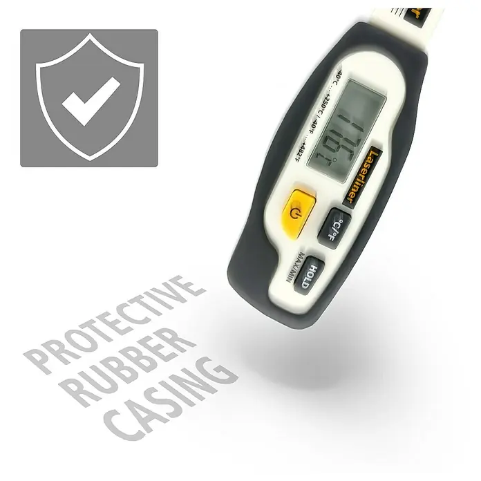 Laserliner Thermometer - Messbereich Temperatur: -40 °C - 250 °C - Laserliner Digitalthermometer mit schützendem Gummigehäuse, gelbem Einschaltknopf und Digitalanzeige.