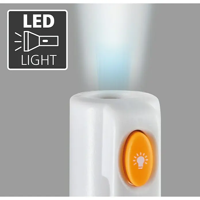 Laserliner Kontaktloser Spannungsprüfer Activefinder - Mit Batterien - Weißes Gerät mit orangefarbenem Glühbirnenknopf, das ein blaues LED-Licht von oben ausstrahlt.