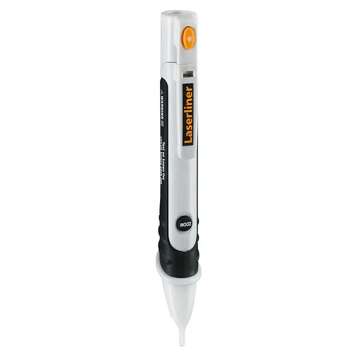 Laserliner Kontaktloser Spannungsprüfer Activefinder - Mit Batterien - Weißer und schwarzer berührungsloser Spannungsprüfer in Stiftform mit orangefarbenem Lichtknopf, Taschenclip und Laserliner-Branding.