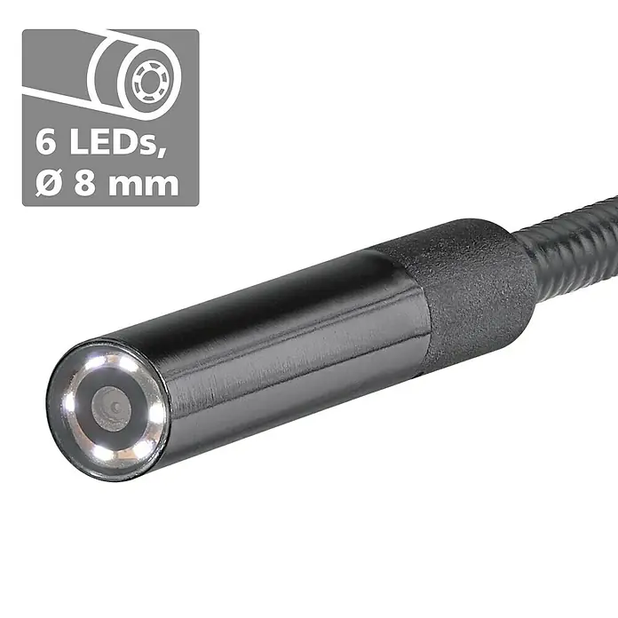 Laserliner Endoskopkamera Videopocket - 6 LEDs, Länge Schwanenhals: 1 m - Schwarzer zylindrischer Endoskop-Kamerakopf mit 6 LEDs um ein 8mm-Objektiv, verbunden mit einem flexiblen Kabel.