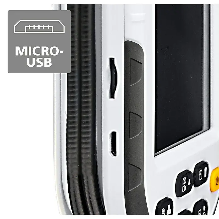 Laserliner Endoskopkamera Videopocket - 6 LEDs, Länge Schwanenhals: 1 m - Weißes Handgerät mit schwarzem Display und griffiger Seitenfläche, zeigt Micro-USB-Anschluss und seitliche Einschübe.