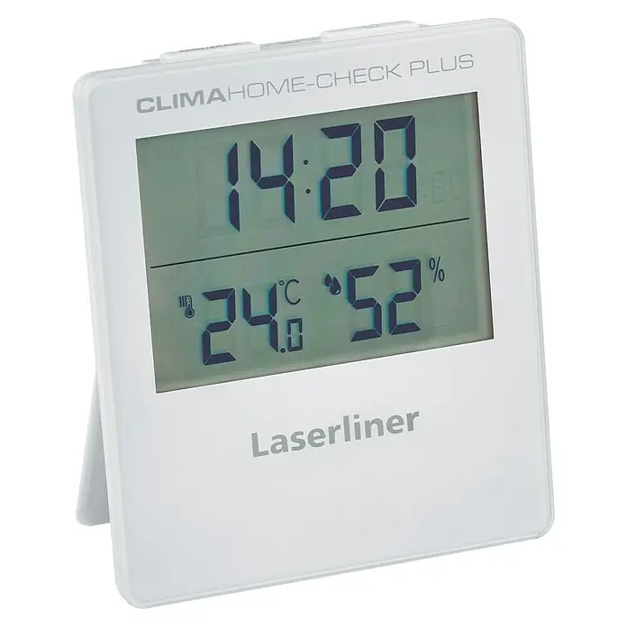 Laserliner Feuchtigkeitsmessgerät Climahome-Check Plus - Mit Batterien - Weißes digitales Thermometer und Hygrometer mit großem LCD-Display, das Uhrzeit, Temperatur und Luftfeuchtigkeit anzeigt.