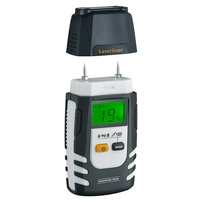 Laserliner Feuchtigkeitsmessgerät Home - Mit Batterien - Laserliner DampFinder Home Feuchtigkeitsmessgerät, dunkelgrau-weiß, mit zwei Sonden und Kappe, zeigt 19% auf grünem Display.